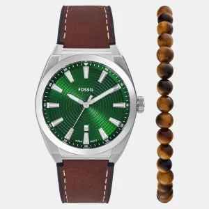 Men Quartz Green Dial Analog Leather Watch FS6080SET