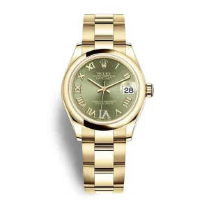 Rolex Datejust 31mm - Ref: 278248-0029 - Green Roman Diamond Dial, 18K Yellow Gold Oyster Bracelet Women's Watch