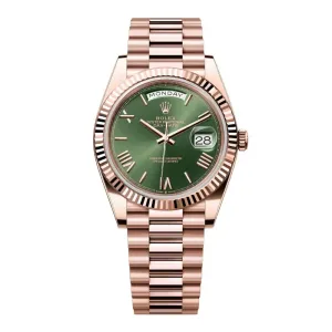 Rolex Day Date 40mm - Ref: 228235-0025 - Olive Green Roman Dial & Fluted Bezel, 18K Rose Gold President Bracelet Men's Watch