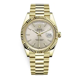 Rolex Day Date 40mm - Ref: 228238-0008 - Silver Diagonal Motif Stick Dial & Fluted Bezel, 18K Yellow Gold President Bracelet Men's Watch