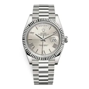 Rolex Day Date 40mm - Ref: 228239-0006 - Silver Quadrant Motif Roman Dial & Fluted Bezel, 18K White Gold President Bracelet Men's Watch