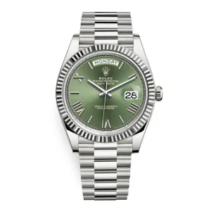 Rolex Day Date 40mm - Ref: 228239-0033 - Olive Green Roman Dial, 18K White Gold President Bracelet Men's Watch