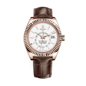 Rolex Sky-Dweller 42mm - Ref: 326135-0006 - Intense White Stick Dial, 18K Rose Gold & Brown Leather Strap Watch