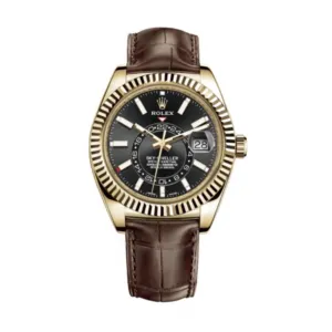 Rolex Sky-Dweller 42mm - Ref: 326138-0008 - Bright Black Stick Dial, 18K Yellow Gold & Brown Leather Strap Watch