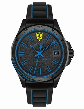 Scuderia Ferrari Pilota - Black IP Case - Blue Accents - Black Silicone - Date
